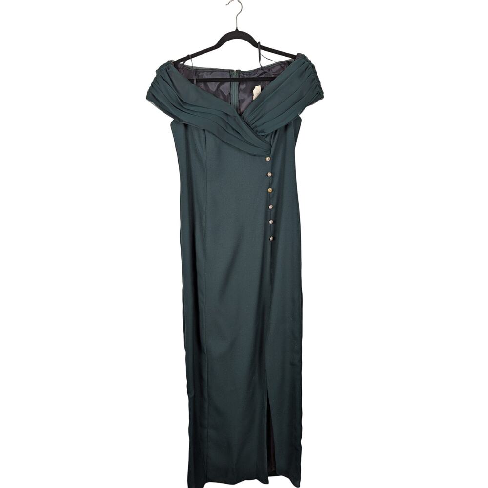 Vtg Formal Dress 1990s Retro Small Dark Green Off the Shoulder Prom Wedding